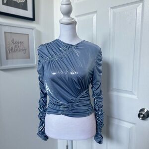 Blue metallic ruched long sleeve women’s top